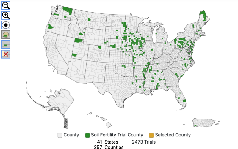 A screenshot of the website shows a map of the United States with green squares indicating where soil fertility trials have been conducted