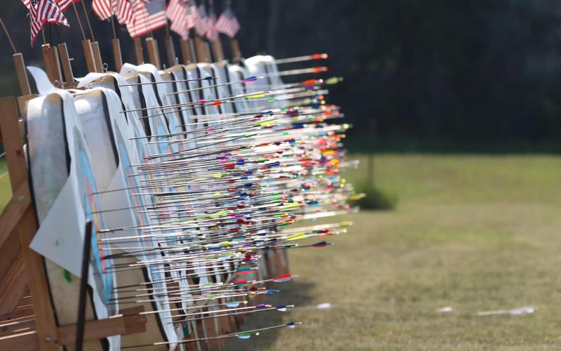 A row of targets is full of arrows in an outdoor field