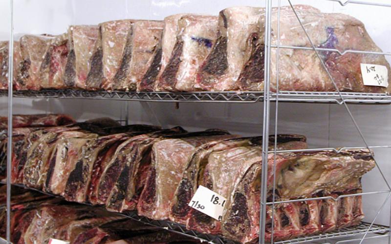 Beef cuts being dry aged at a meat locker.