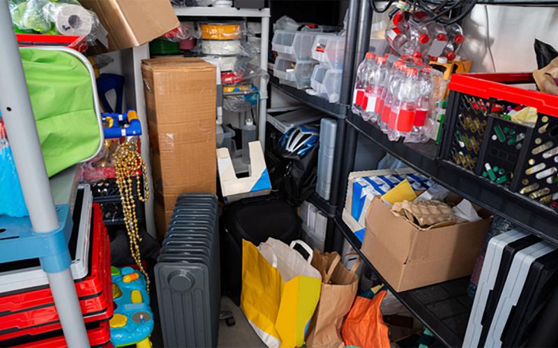A storage closet packed to the ceiling with hoarded items.