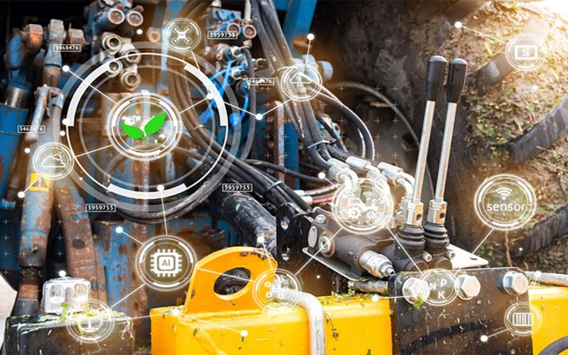 Tractor with a series of digital icon overlays representing aspects of smart farm technology.