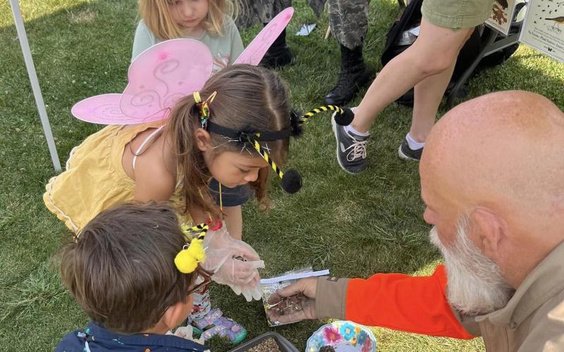 A little girl wearing butterfly wings and a little boy wearing honeybee wings scoop dirt and insects out of pails