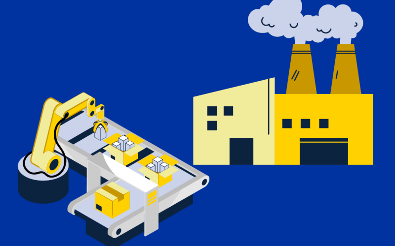 machine with a conveyor belt and factory in the back on a blue background