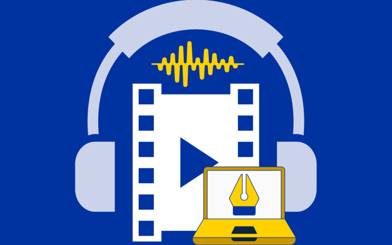 computer, video and audio on a blue background