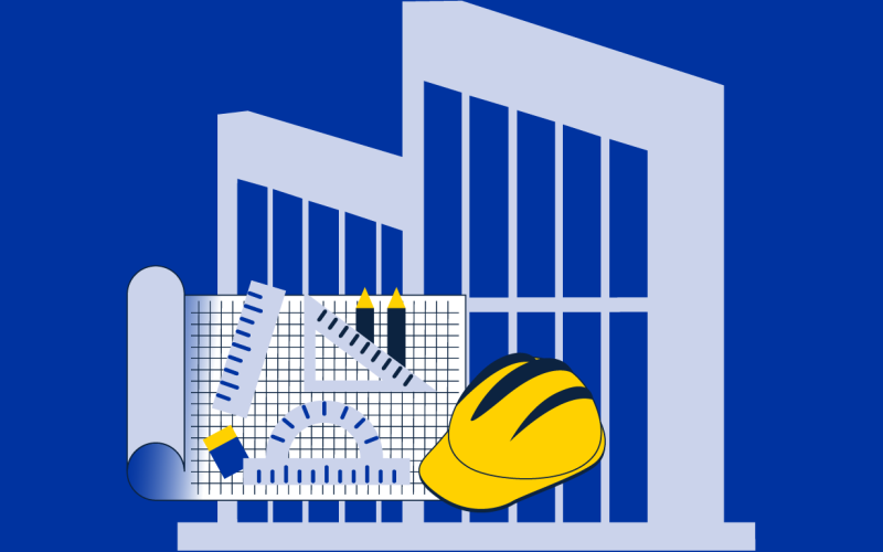 hard hat, drafting tools and building on a blue background