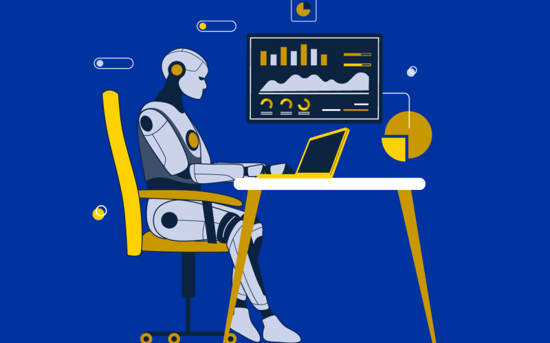 robot sitting at a desk with charts on the wall with a blue background