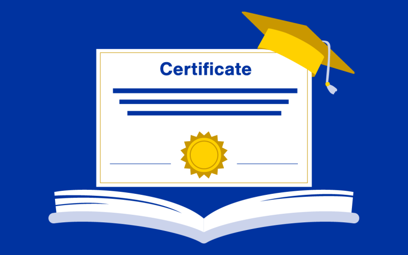 book with a certificate above with a graduation cap on the corner on a blue background