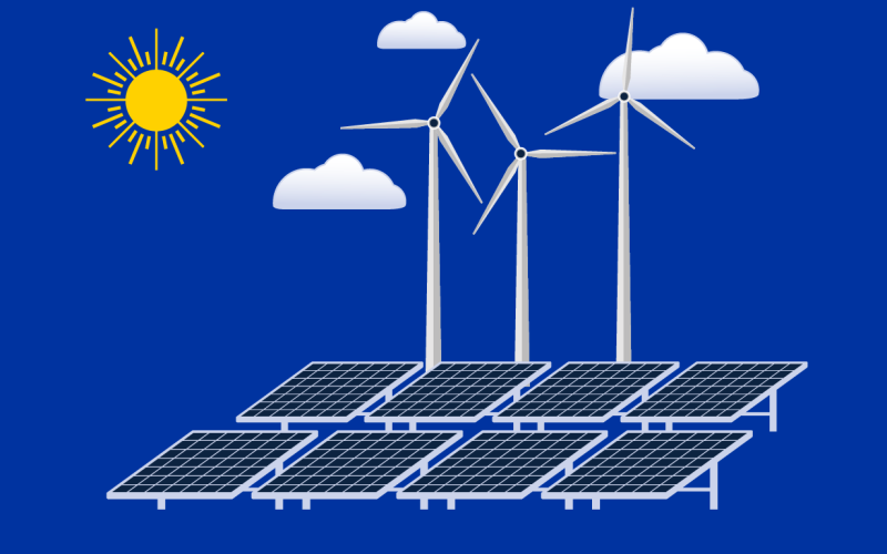 8 solar panels in front of 3 wind turbines with clouds and sun on a blue background