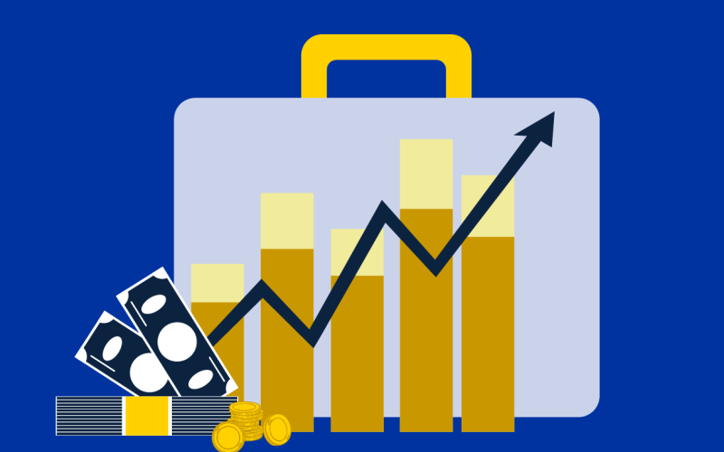 money and chart in front of a brief case on a blue background