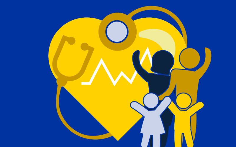 family in front of a heart surrounded by a stethoscope on a blue background