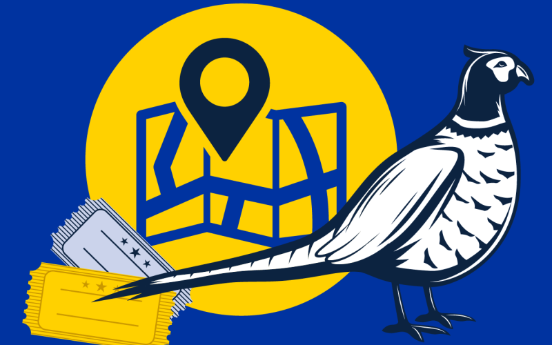 map with tickets and pheasant on a blue background