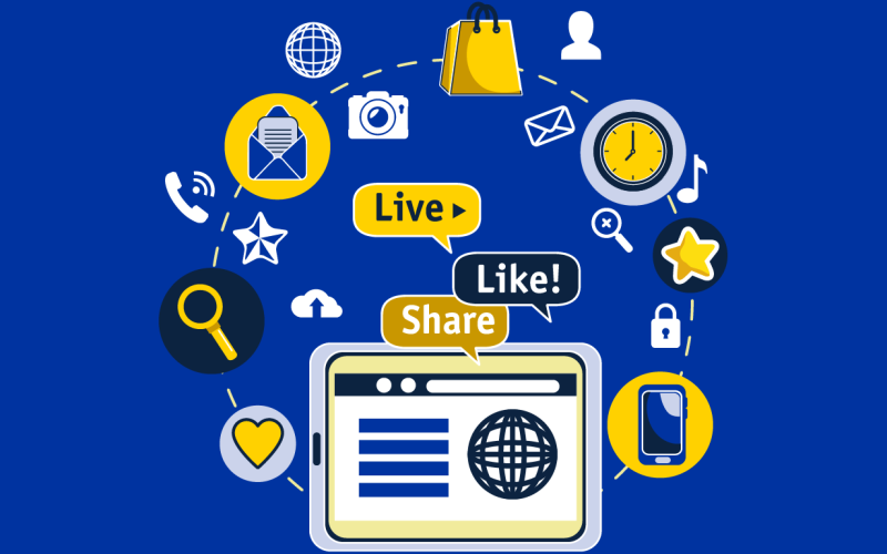 tablet surrounded by a phone, email, camera, clock, cell phone, live, like and share on a blue background