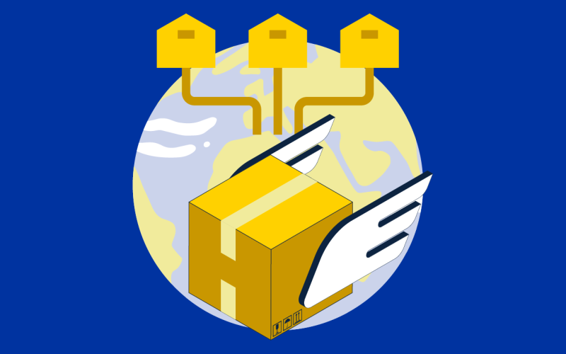 box with wings below 3 houses with the world behind on a blue background