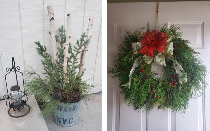 Left: Holiday greenery arranged in a porch pot. Right: Homemade Christmas wreath hanging on a door.