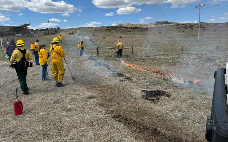 Firefighters in yellow protective gear monitor a grass fire in an open pasture