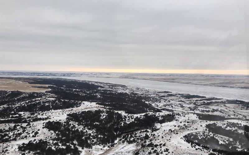 Snow-covered landscape along the Missouri River in Central South Dakota.