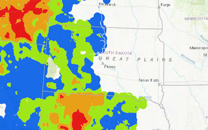 2025 Rangeland Grasshopper Hazard map. Photo Courtesy of USDA APHIS, PPQ.  ALT TEXT: Map of South Dakota of Northern Great Plains and the Western United States. Colors indicate the number of grasshoppers per square yard in each of the sampled locations. For a detailed description, please call SDSU Extension at 605-688-4792.