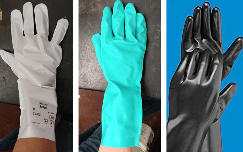Examples of three commonly used protective gloves used for pesticide applications.