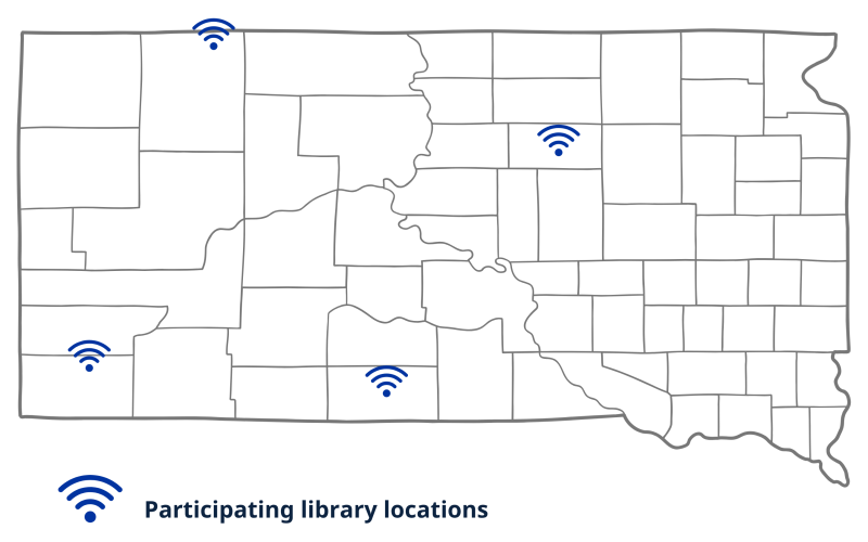 A map of South Dakota indicating libraries that are participating in the Rural Libraries Hotspot Lending Program