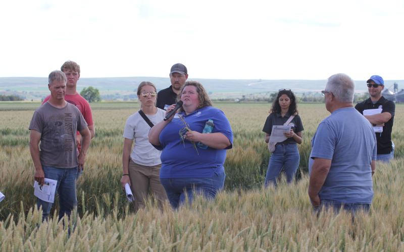 People stand in a field listening to a person speak