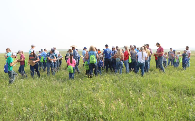 A group of youth and adults stand in a grassy pasture