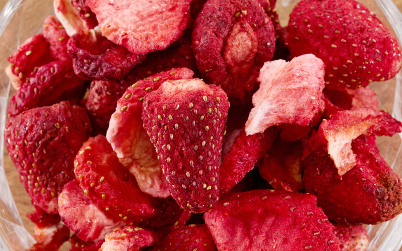 A bowl of freeze dried strawberries.