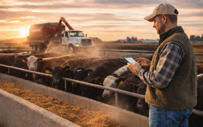 A livestock producer stands beside a concrete feed bunk at sunset, holding a tablet and reviewing feeding data. Several beef cattle with ear tags are eating a mixed ration from the trough. In the background, a feedlot mixer truck with a visible mixing tank and discharge auger delivers feed into the bunk, creating light feed dust in the air. The image represents modern feed management combining animal care and digital decision-making in a commercial feedlot.