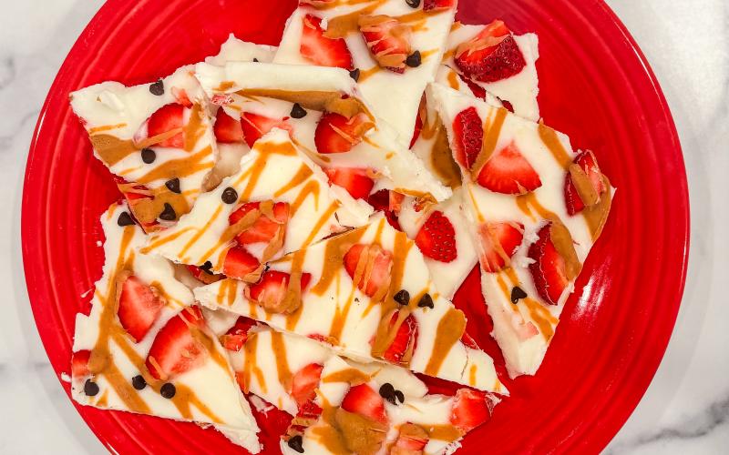vanilla frozen yogurt bark with strawberries, blueberries and peanut butter drizzle in a red bowl on a kitchen counter.