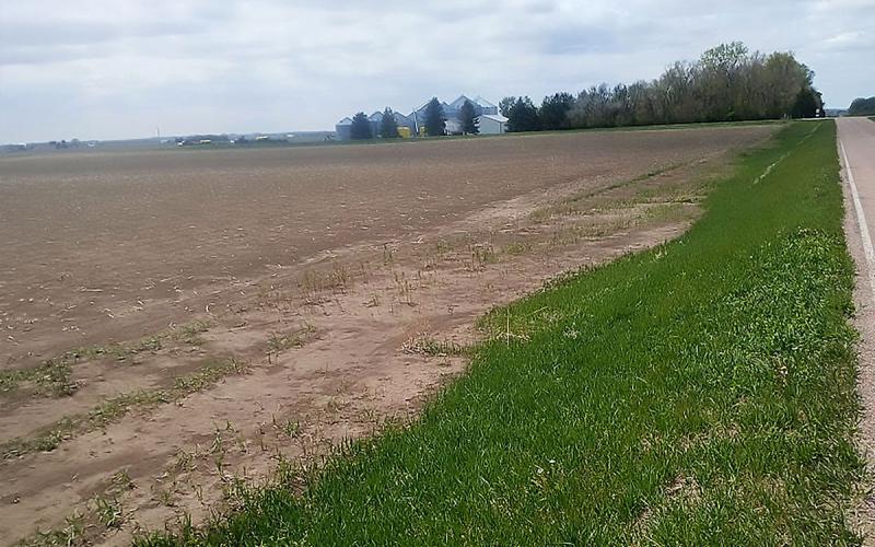 Road ditch near a crop field with noticeable soil deposited from wind erosion.