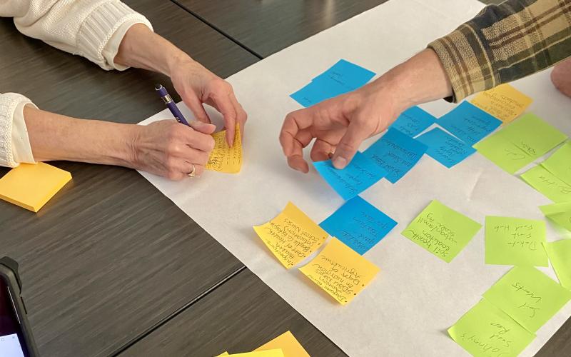 Hands place brightly colored sticky notes on a table