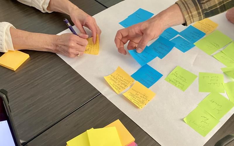 people writing on colored sticky notes and putting them on a larger piece of paper
