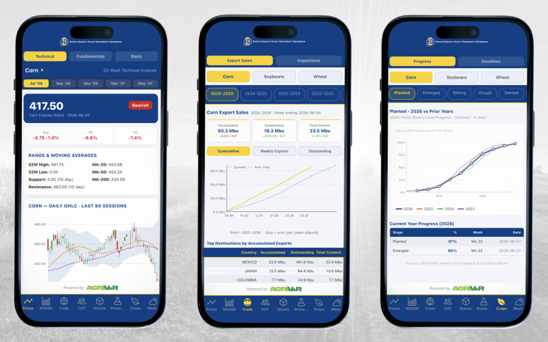Three smart phones showing the Prices, Trades, and Crops tools in the Grain Report app.