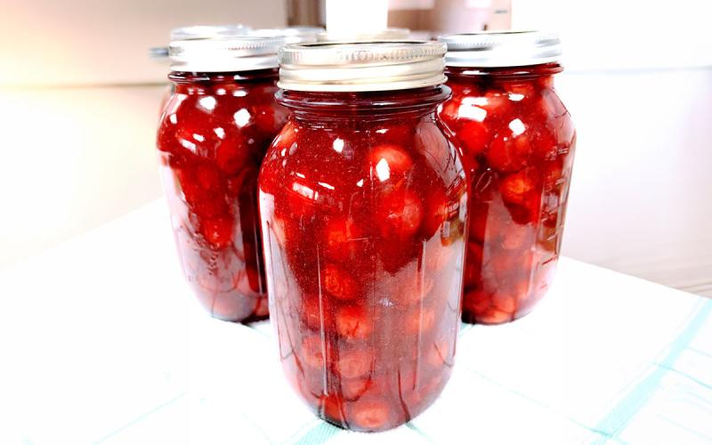 Jars of canned pie filling arranged on a countertop.