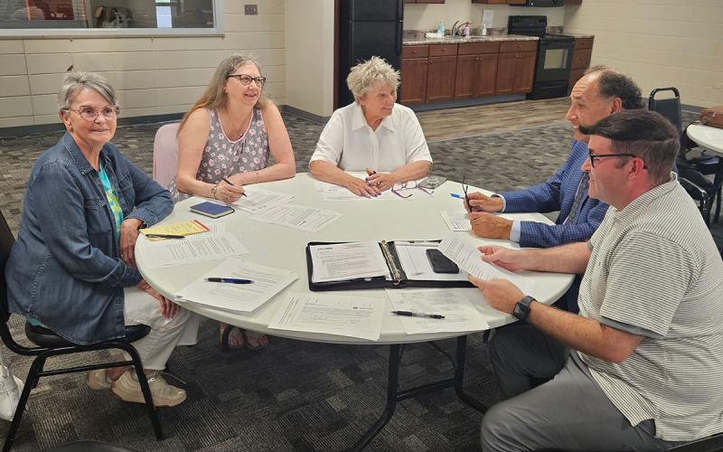 Focus group having a lively conversation at a table.