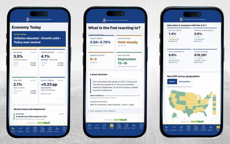 Three smart phones showing the Economy Today, Federal Reserve Policy, and Regional Economy tools in the Macroeconomic Report App.