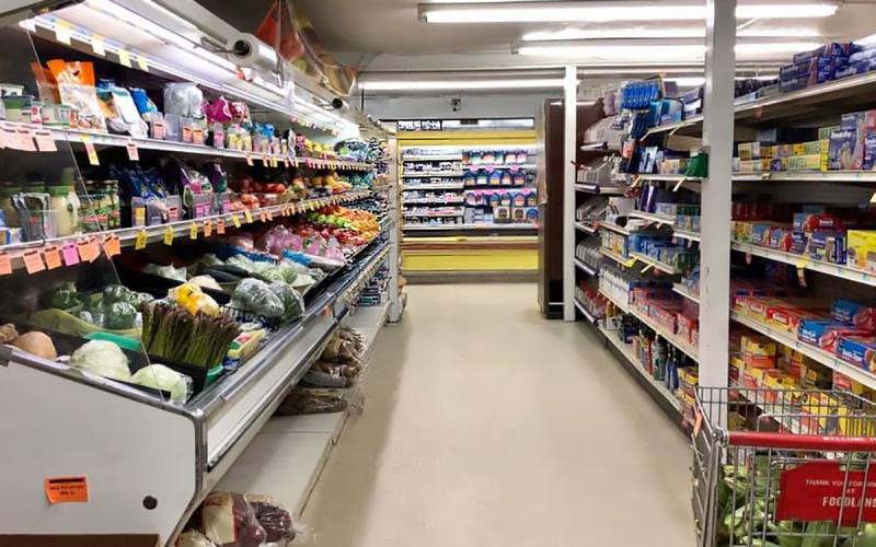 Aisles inside an empty rural grocery store.