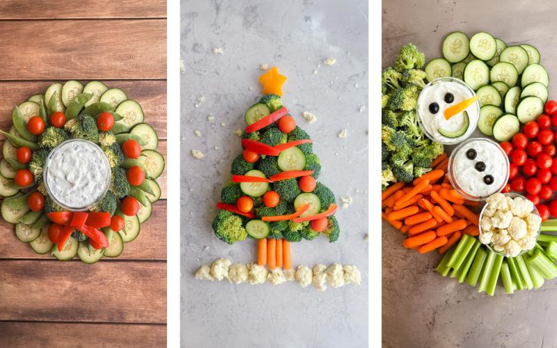 Christmas wreath, Christmas tree, and snowman designs crafted from a variety of fresh, cut vegetables and dips.